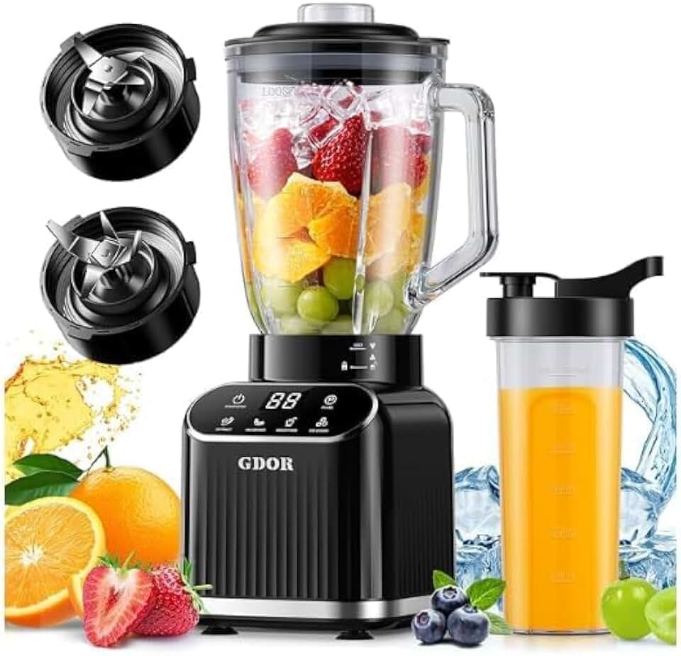 GDOR Professional Standmixer Glas 1200W Smoothie Maker 5 Programme Blender 1,5L Glasbehälter&700ml To-Go Becher Kombi Hochleistungsmixer für Smoothies Shake Eiscrushen Gefrorenes Obst Selbstreinigend