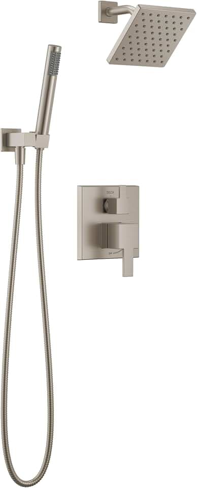 Delta Modern Square Shower System Faucet Set, Brushed Nickel 6.5-inch Shower Head and Handle Set, Valve Trim Kit, Spotshield Stainless T342703-SP (Valve Not Included)