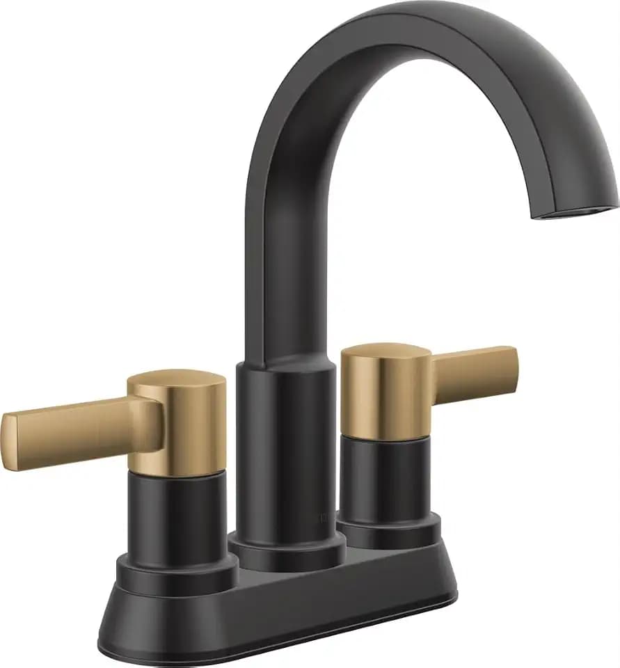 Delta Albion Centerset Matte Black/Brushed Gold Bathroom Faucet, 4 Inch 3 Hole Bathroom Sink Faucet for Vanity, Metal Push-Pop Drain Assembly, Matte Black/Champagne Bronze 25855LF-GZ