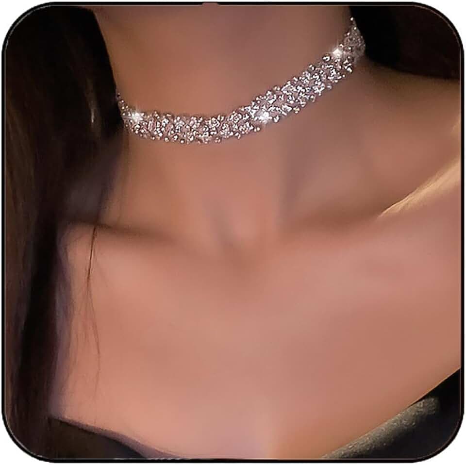 JEAIRTS Rhinestone Choker Necklace Silver Full Crystal Jewerly for Women