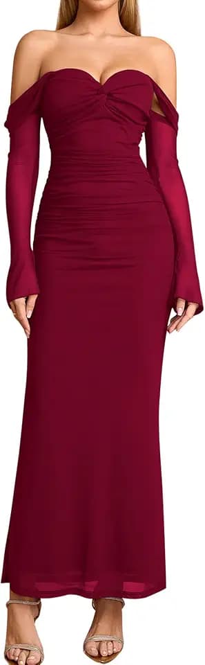 KUTUMAI Off Shoulder Long Sleeve Formal Dress Elegant Bodycon Ruched Cocktail Wedding Guest Dresses for Women 2025 Fall