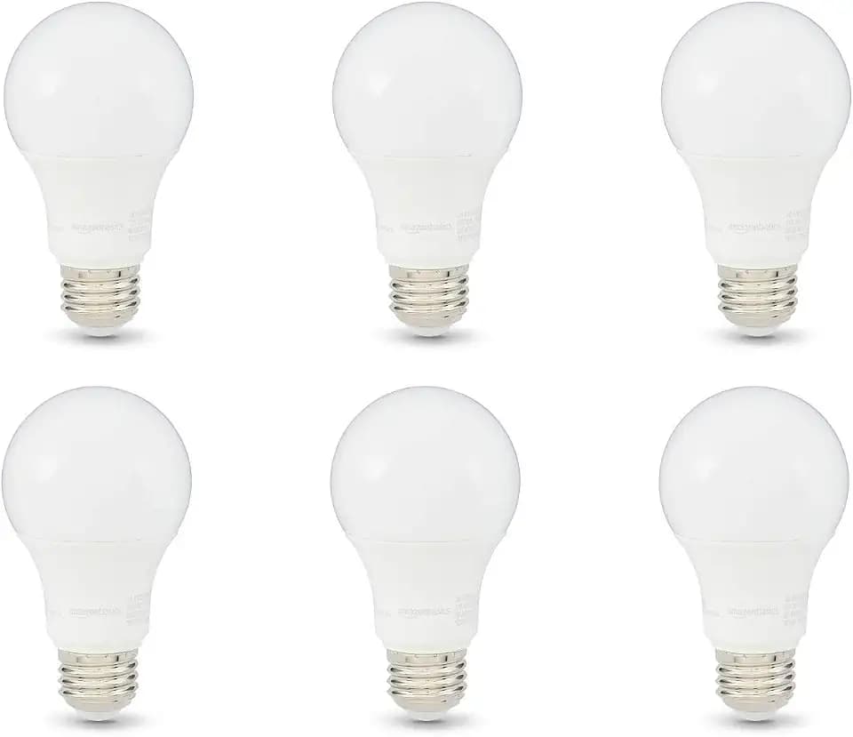 Amazon Basics A19 LED Light Bulbs, 75 Watt Equivalent, Energy Efficient 12W, E26 Standard Base, Soft White 2700K, Dimmable, 10,000 Hour Lifetime , 6-Pack