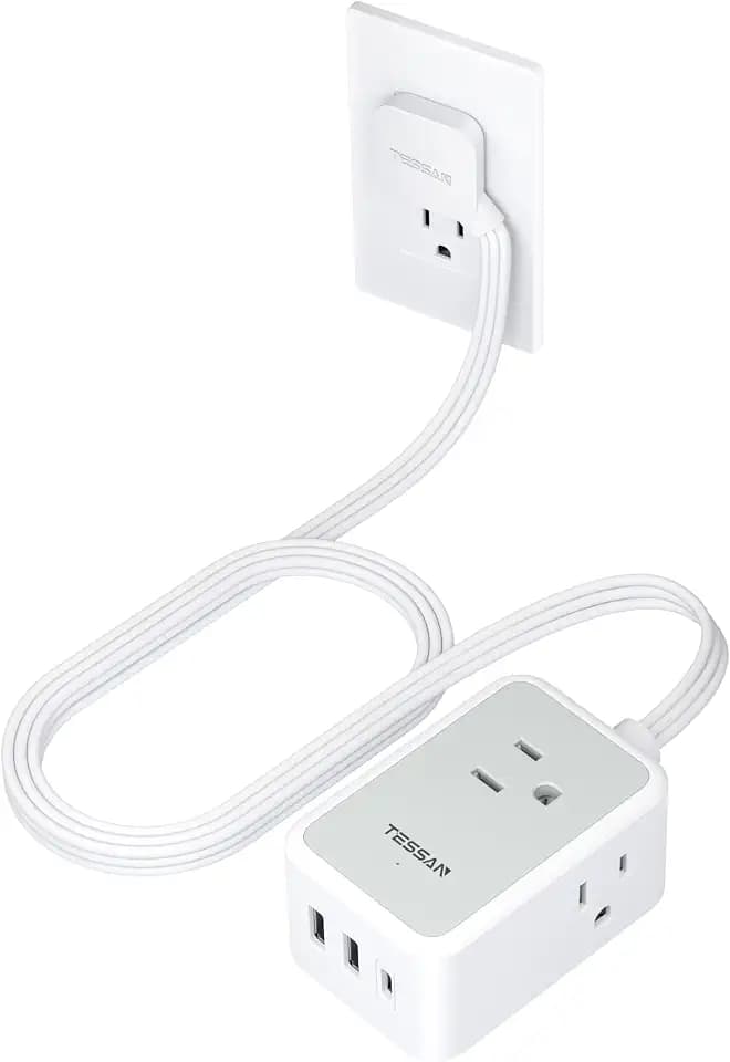 TESSAN Small Flat Plug Power Strip, Ultra Thin Extension Cord 5 ft, Grey