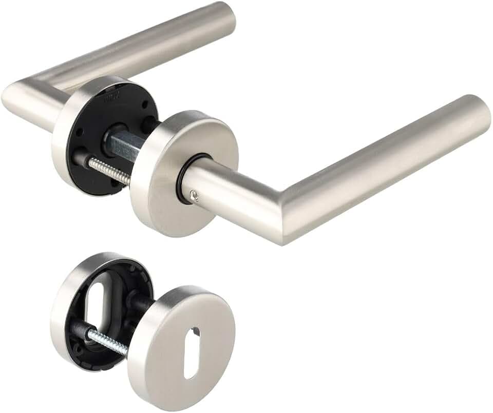 Türgriff: Edelstahl Türklinke Paar mit Buntbart Rosette - Rund - Matt - Drückergarnitur für Innentüren - T-Modell - Vierkantmaß 8 x 8 mm - 49.330.02