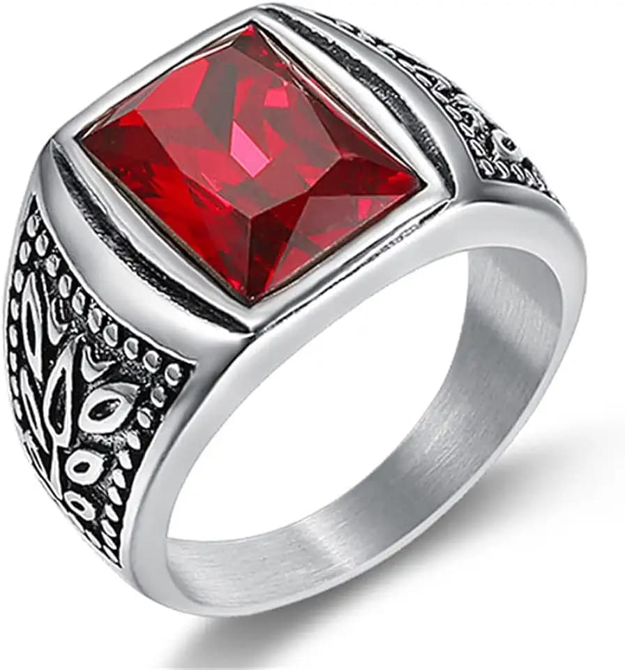 Men's Stainless Steel Vintage Cubic Zirconia Signet Ring Black Red Green Emerald Color Square Stone Ring