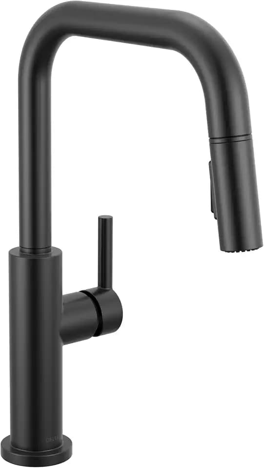 Delta Nicoli Matte Black U-Spout Kitchen Faucet with Pull Down Sprayer, Modern Single Hole Kitchen Sink Faucet, Single Handle, Matte Black 19868LF-BL