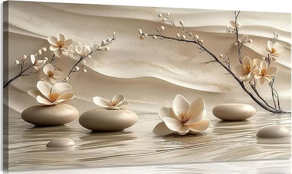 FEACFQKJ Zen Canvas Wall Art White Lotus Wall Decor Print Artwork Lotus Flowers Bloom Stones Spa Painting Pictures for yoga meditation room decoration 20x40in