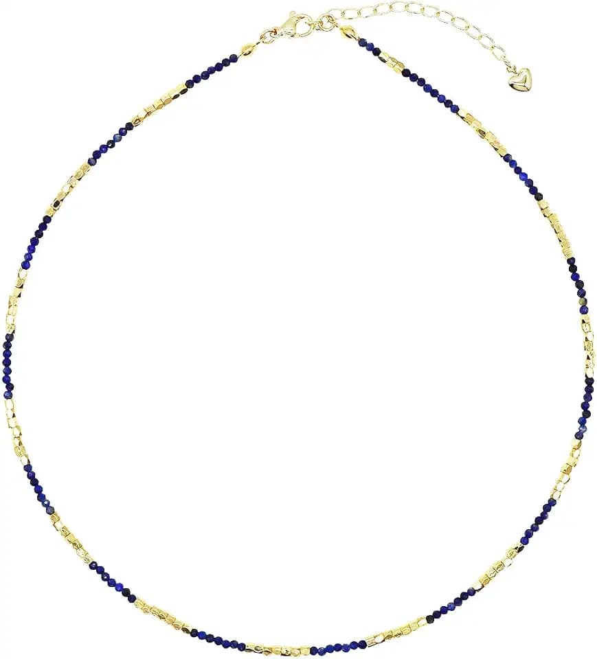 2MM Handmade Stone Crystal and Copper Small Beads Beaded Choker Necklace for Women (Navy Blue)