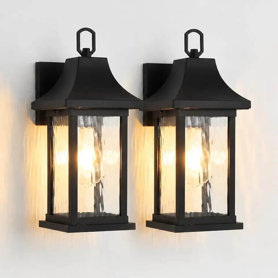 Outdoor Wall Sconces Set of 2, 15‘’ Black Outside Wall Mounted Light Fixture, 2-Light Exterior Farmhouse Wall Sconce with Water Glass, Modern Porch Lighting Exterior Lantern for House, 2 Pack