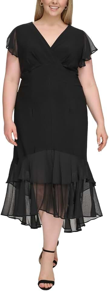 Tommy Hilfiger Women's Flutter Sleeve V-Neck Ruffle Trim Hi-Lo Midi Dress