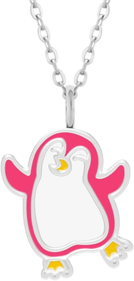 Kette Pinguin Pink – Kinderschmuck für Mädchen aus 925 Sterling Silber & Emaille – Verstellbare Halskette 42–45 cm – In Geschenkbox