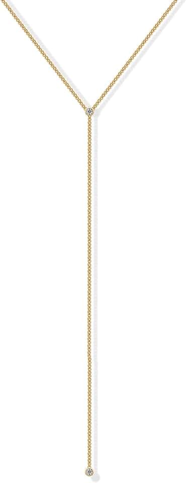 PAVOI 14K Gold Plated Drop Lariat Chain for Women - Cubic Zirconia Long Necklace - Station Star Layered Beaded Y Necklace
