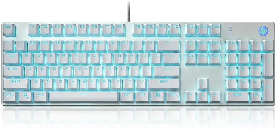 HP GK400F Wired Mechanical Gaming Keyboard – Wired USB 104-Key Full Size, Brown Mechanical Switches, Blue Backlit, Compatible with Desktop and Laptop (Silver+White)