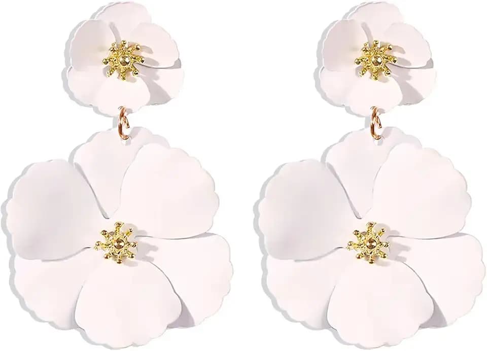 Dreuyet Bohemian Flower Earrings for Women Handmade Matte Layered Tiered Daisy Flower Floral Petal Stud Earrings Elegant Large Metal Flower Dangle Drop Statement Earrings Chic Boho Wedding Jewelry