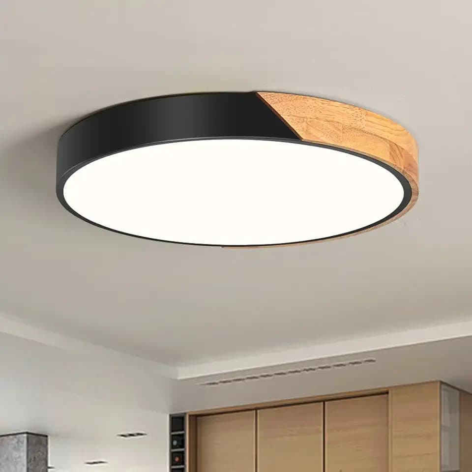 Qamra LED Deckenleuchte, Deckenleuchte Schwarz 40cm, Deckenlampe Holz 36W