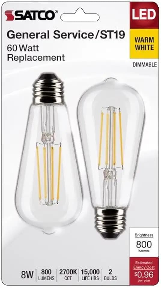 Satco S21870, ST19 LED Bulbs, E26 Base, 2700K, Clear, 2-Pack, LED Lamp, 8W