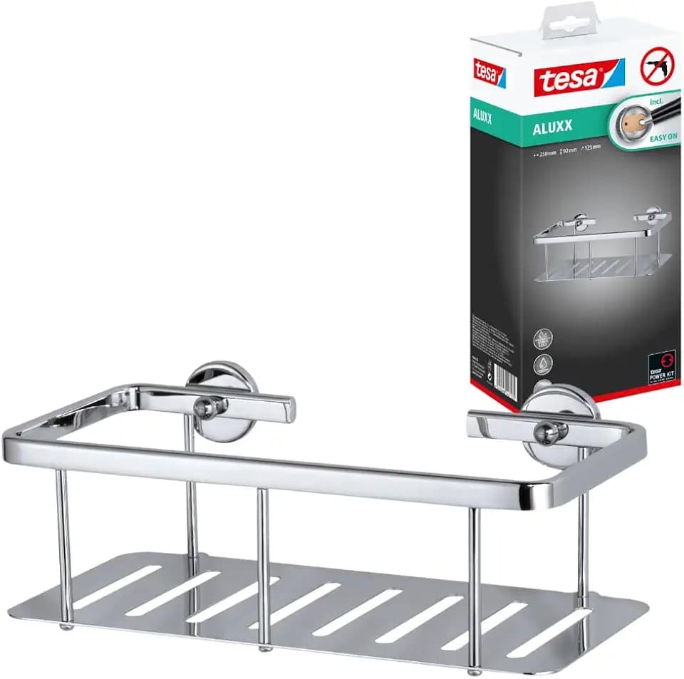 tesa ALUXX Duschablage, Aluminium, verchromt, garantiert rostfrei, inkl. Klebelösung, tiefer Boden, 125 mm x 251 mm x 88 mm