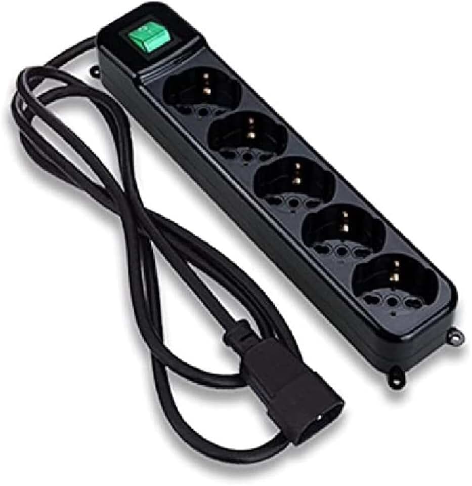 Tecnoware Power Systems - Steckdosenleiste mit Sicherheitsschutz, 5 um 45° geneigte Steckdosen, Leuchtschalter, Kindersicherung, IEC C14 Stecker, Schwarz, 5 Schuko/Italien Steckdosen, Kunststoff