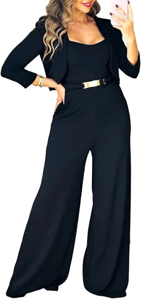 CHICME Women's 2 Piece Outfit Wide Leg Jumpsuit Crop Jacket Set