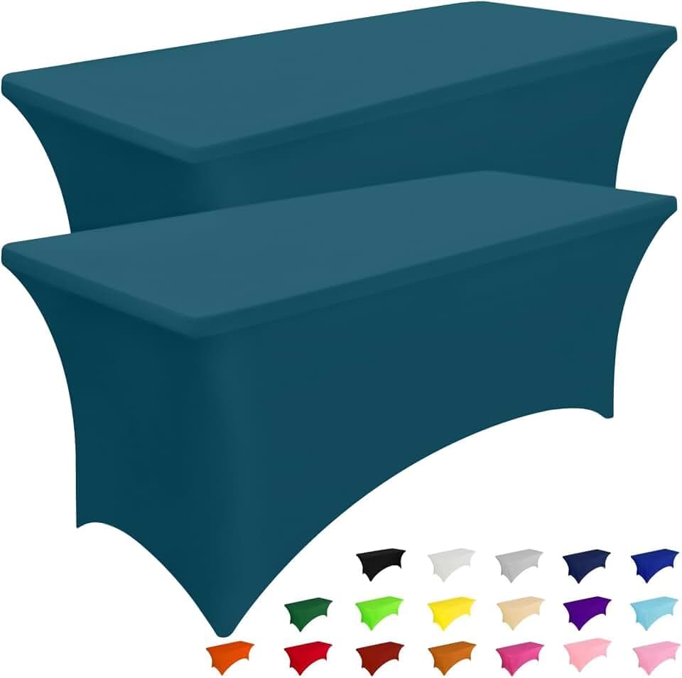 Smiry 2Pack Spandex Table Cloth 6FT, Elastic Fitted Peacock Blue Tablecloth