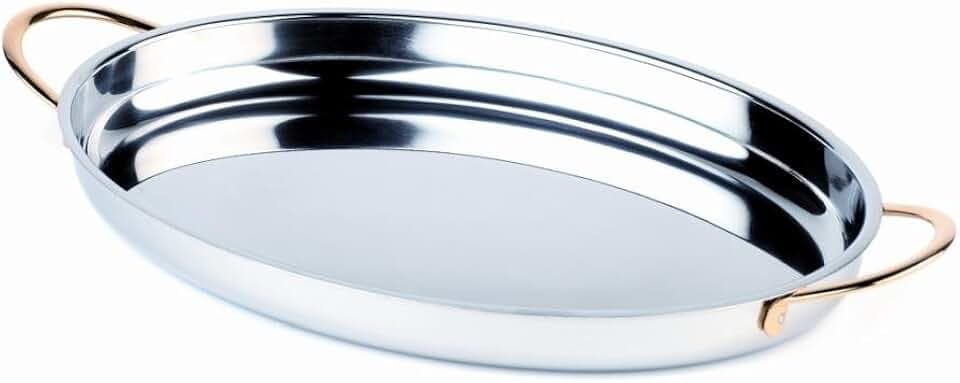 APS 60270 Servierpfanne, 26,5 x 19,5 cm, Höhe 3 cm, Edelstahl poliert, vergoldete Edelstahl-Griffe