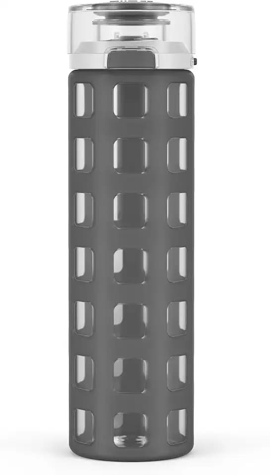 Ello Syndicate Glass Water Bottle with One-Touch Flip Lid, Grey , 20-ounce
