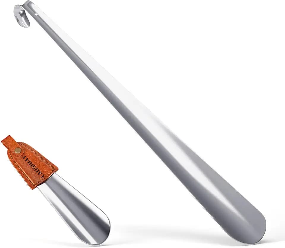 Schuhanzieher aus Metall, 70 und 17 cm/42 und 17 cm, Schuhanzieher mit langem Griff, Edelstahl, verchromt, robust, mit Loch zum Aufhängen, Schuhanzieher mit Rindslederband, handgefertigte chin