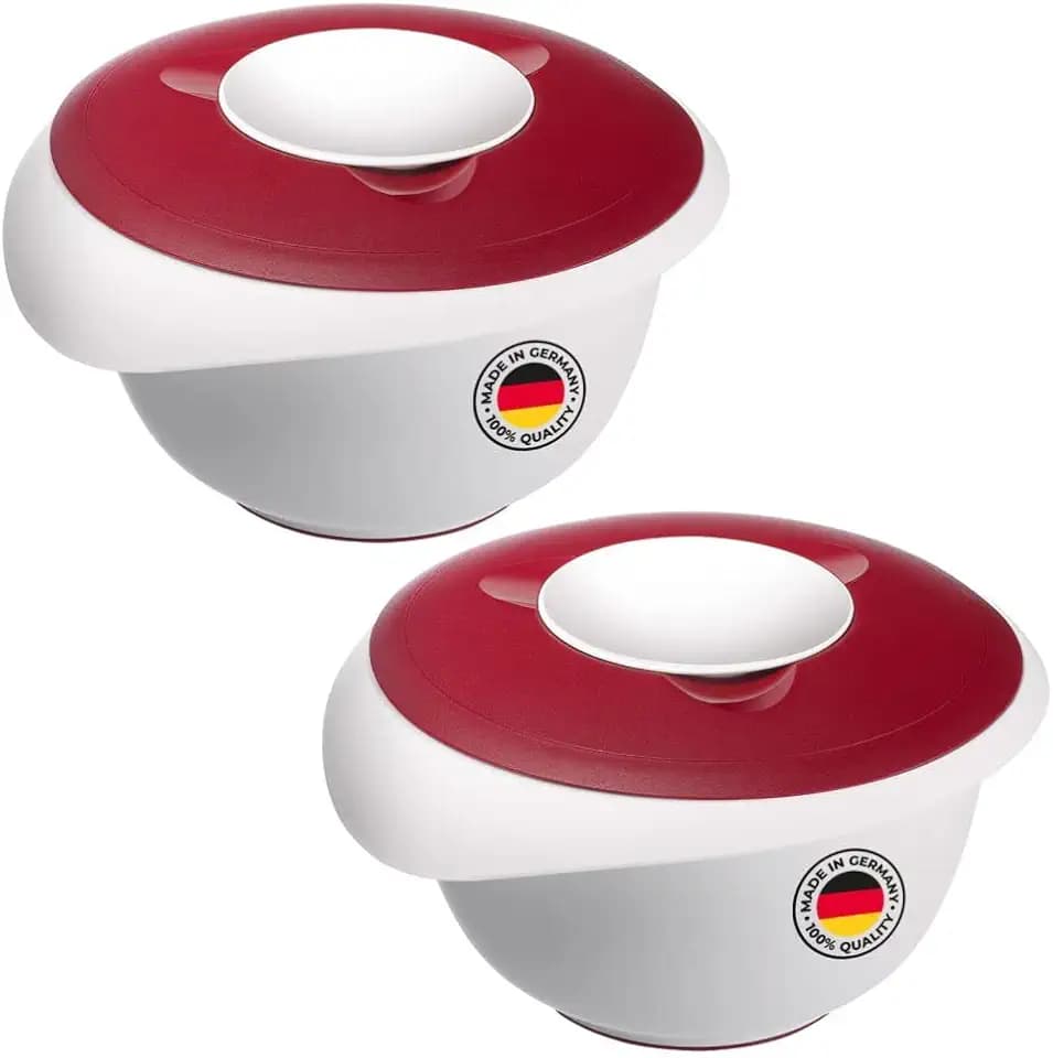 Westmark 2 Rühr-/Backschüsseln mit zweigeteiltem Deckel, 3,5 l, Mit Ausgießer, Kunststoff, Weiß/Rot, 315522E3