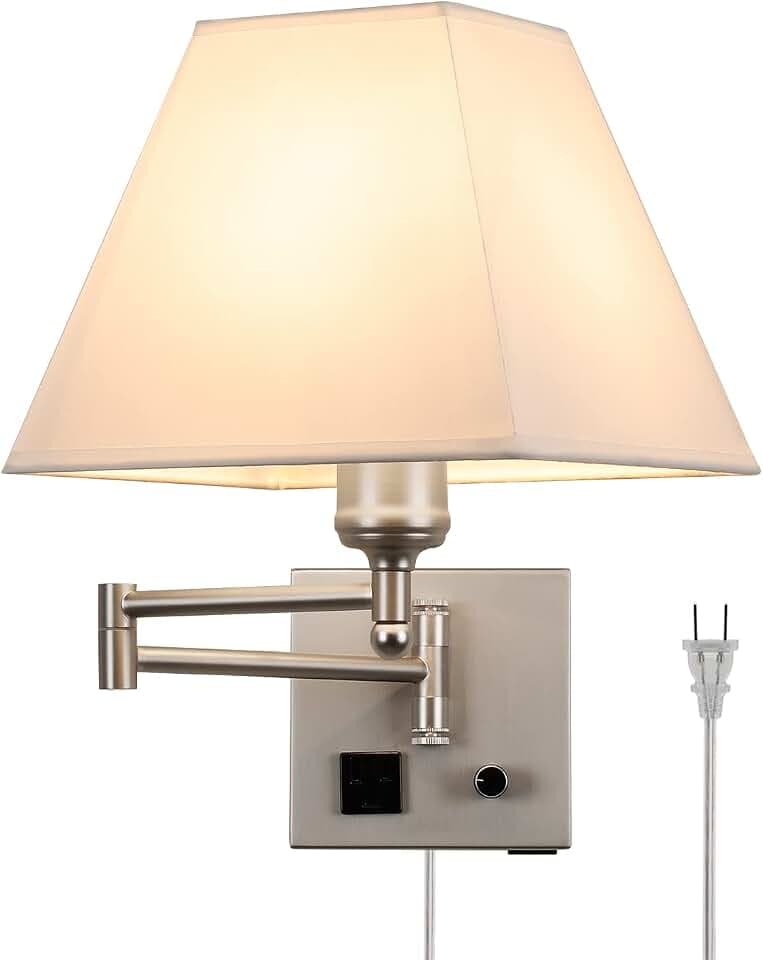 Plug in Wall Light,Swing Arm Wall Sconces with USB Port and Outlet,Wall Lamp with White Fabric Shade Dimmable Switch for Bedroom, Living Room , Office Nickel