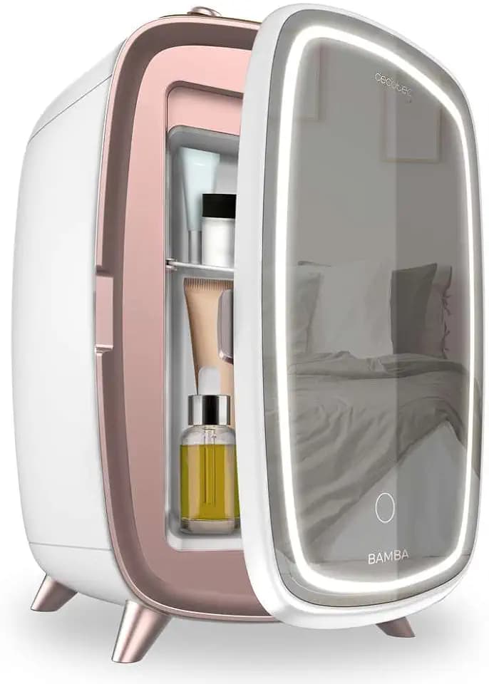 Cecotec Kleiner Kosmetikkühlschrank 6L Bamba CoolingBeauty 6000 Mirror. Mini-Kühlschrank mit Außenspiegel, LED-Licht mit 3 Intensitäten, Kühlung bis zu 10ºC