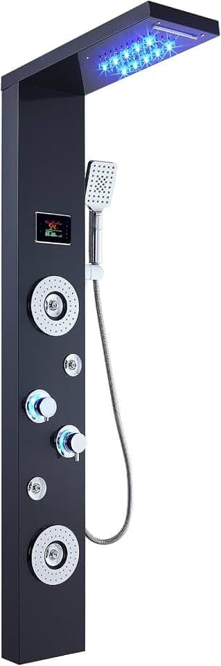ELLO&ALLO LED Rainfall Waterfall Shower Head Rain Massage System with Body Jets Stainless Steel Bathroom Shower Panel Tower System, Brushed Black