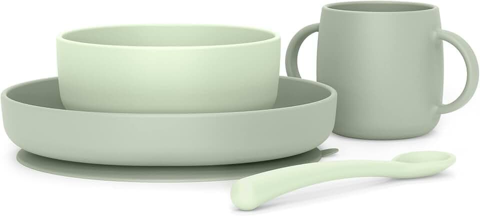 Suavinex, Kindergeschirr Set, Baby-Essensset, Silikongeschirr, Kinderteller mit Saugnapf. Teller + Schüssel + Löffel + Tasse. Lebensmittelgerechtes Silikon, Spülmaschinenfest, Mikrowellengeeignet Grün