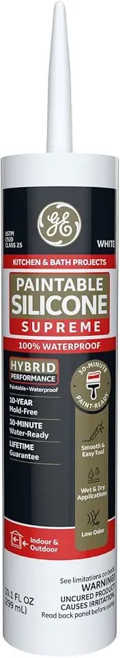GE Supreme Paintable Silicone Caulk for Kitchen & Bathroom, White, 9.5 fl oz Cartridge, 1 Pack - 100% Waterproof Silicone Sealant, 7X Stronger Adhesion, Shrink & Crack Proof