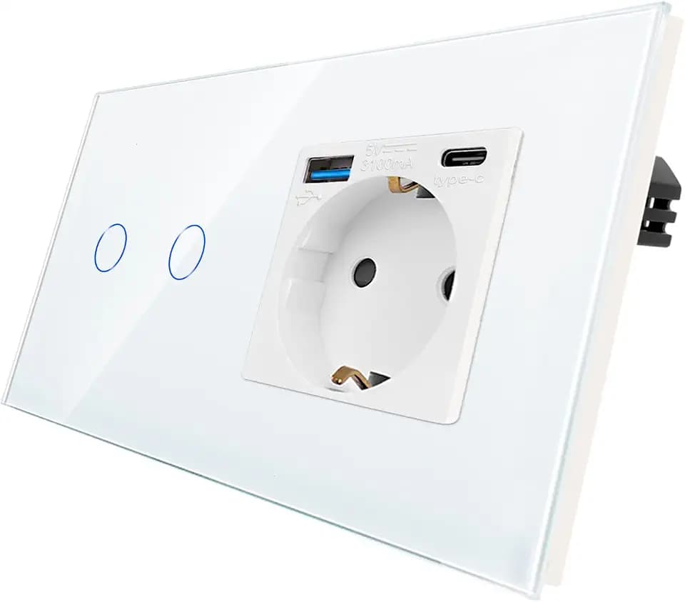 CNBINGO 2-Fach Lichtschalter mit USB Schnellladen Einzelsteckdose, Weiß | Glas Touch Wandschalter und Schuko Steckdose, 20W USB Schnellladen Wandsteckdose Unterputz, Zweifach Schalter mit Status-LED