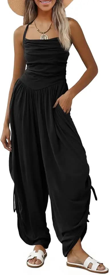 Fisoew Womens Casual Jumpsuits Summer Halter Straps Sleeveless Overalls Ruched Barrel Wide Leg Side-Cinch Long Pant Rompers