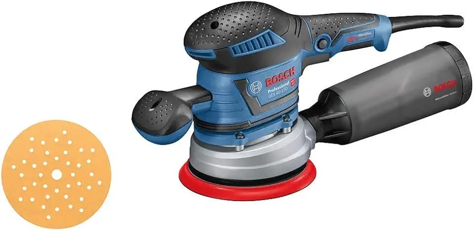 Bosch Professional Exzenterschleifer GEX 40-150 (inkl. Zusatzhandgriff, Staubbox, Schleifteller-⌀ 150mm, Schleifblatt C470 für Holz, Absaug-Adapter)
