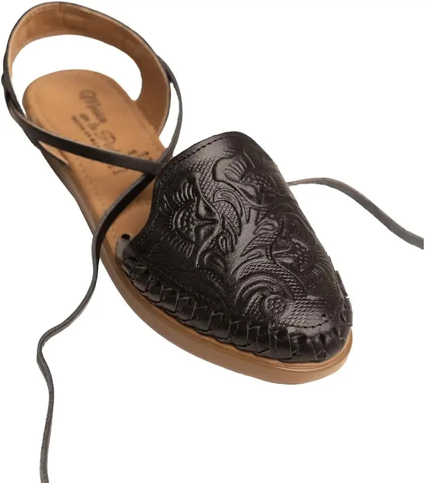 Mexico en la Piel Women's Lace-Up Huarache Sandals - Genuine Leather, Handmade with Floral Cut-Out Design, Casual Comfortable Flats, Black Closed-Toe Size 7US