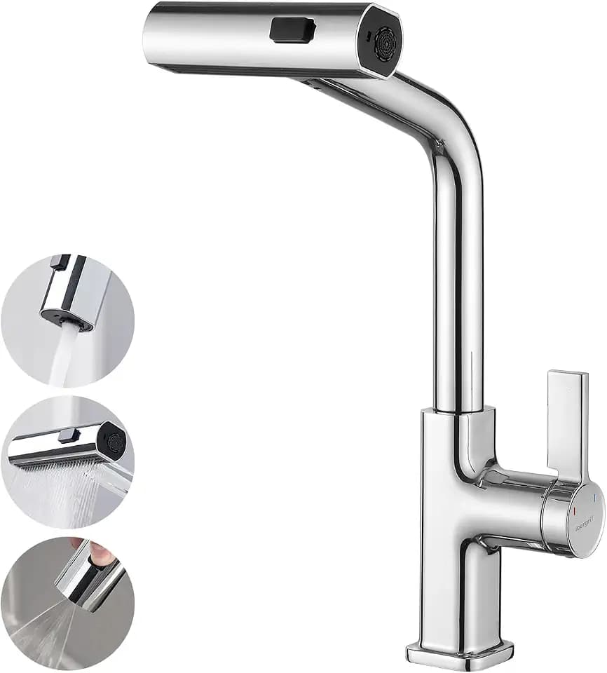 Ibergrif Wasserhahn Küche Ausziehbar 15.75in/40cm, 3 Strahlarten, 360° Schwenkbar, Küchenarmatur Einhebel Küchenwasserhahn, Armatur Küche Einlochmontage, Einfache Installation