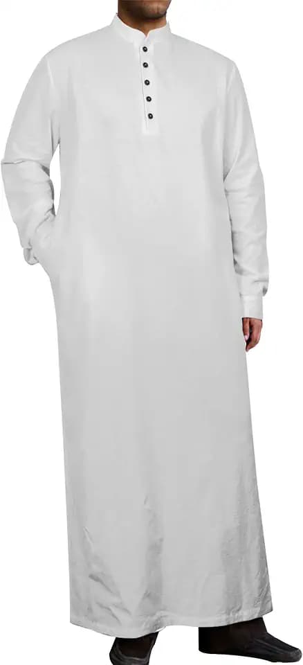 YAOHUOLE Abaya-Bademantel für Herren, langärmelig, Knopfleiste, seitlich geteilt, Kaftan, Thobe mit Taschen, langes Kleid