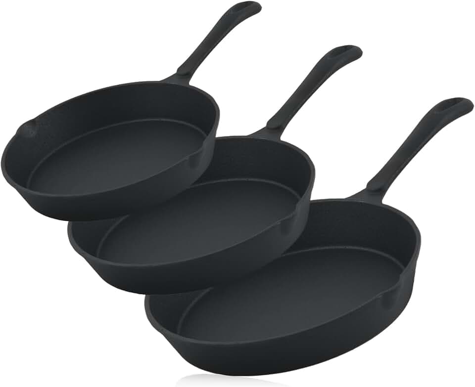 BBQ-Toro 3-teiliges Gusseisen Brat- und Steak Pfannen Set | Ø 16 cm, Ø 20 cm, Ø 24 cm | Gusseisenpfanne, Grillbratpfanne, Bratpfanne, Steakpfanne, Fleischpfanne, Pfannenset, Gusspfännchen Set
