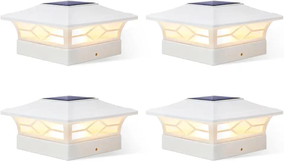 JOFIOS Solar Fence Post Lights 4pack, Cap Lights for 4x4/5x5 Vinyl Fence and 4x4/6x6 Wooden Post, Warm White/Cool White Lighting, White Solar Cap Outdoor Waterproof Decorate Garden Pathway Dcek Patio