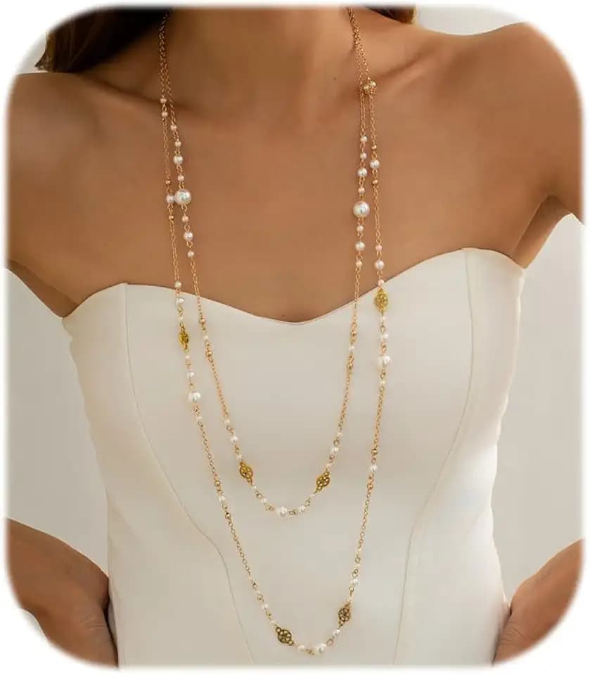 Long Pearl Necklaces for Women Dainty Beaded Pearl Long Necklace Pearl Strand Layered Necklace Statement Sweater Strand Chain Necklace Jewelry