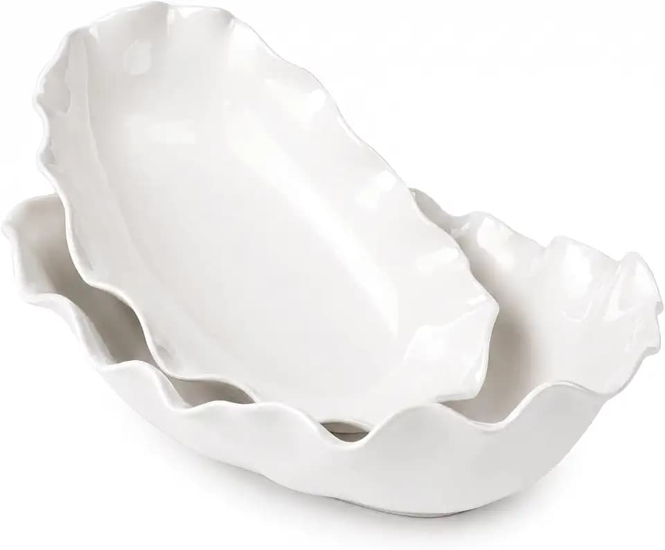 DOWAN Ceramic Serving Bowls Set of 2, Large Serving Dishes for Party Entertaining, 12" & 16" Oval Decorative Bowls for Salad Fruit Pasta - White
