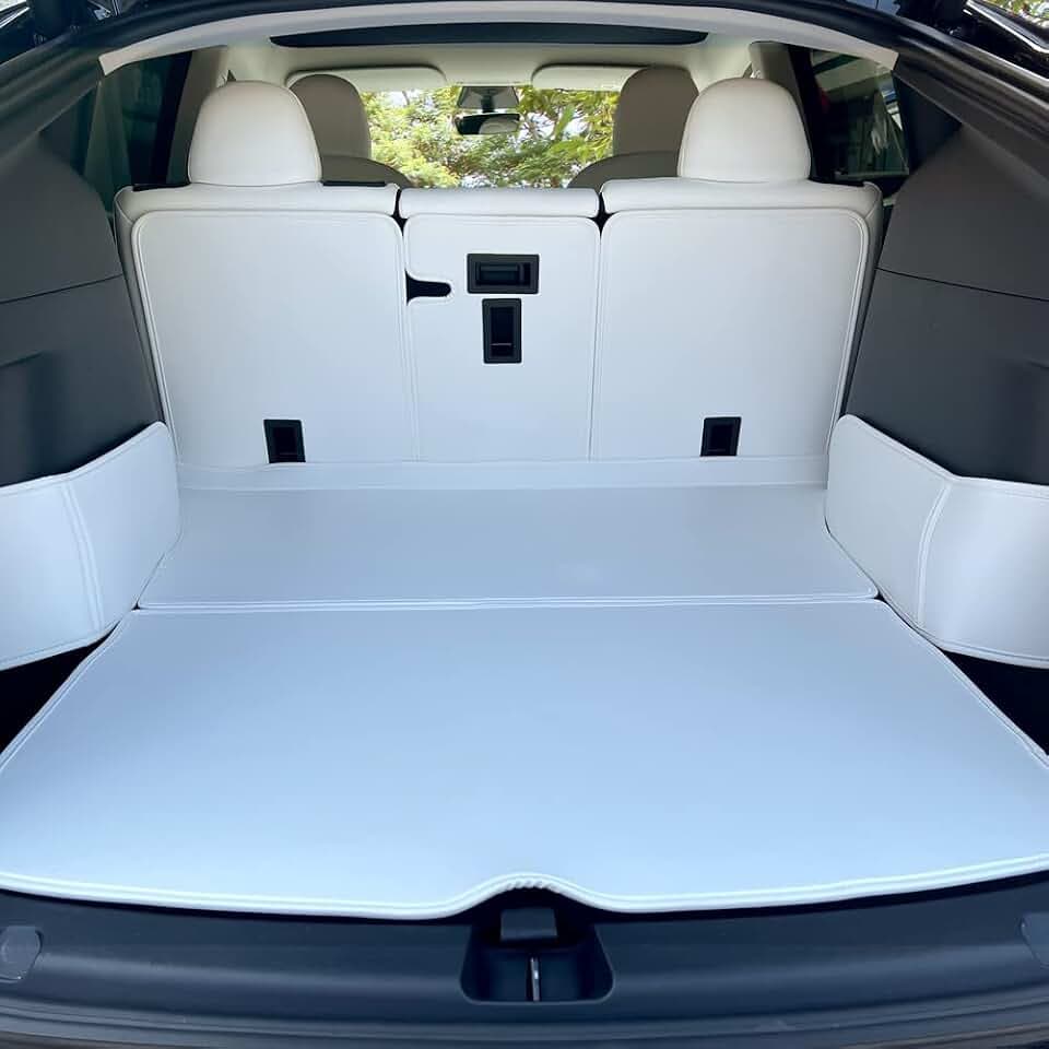 TESBEAUTY Cargo Liner for Tesla Model Y 5 Seat Trunk Mats (Not for Refreshed Standard/Base Model Y) All-Weather, Vegan Leather on Top/Soft Velcro at Bottom/Memory Foam in Between, Anti-Scratch White