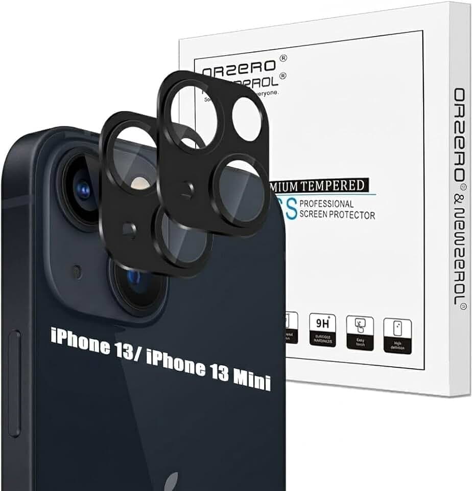 Orzero (2 Pack) Camera Lens Protector for iPhone 13/ iPhone 13 Mini, Protector de Cámera Premium Metal and Glass Precise Camera Cutouts High Definition Anti-Scratch - Black