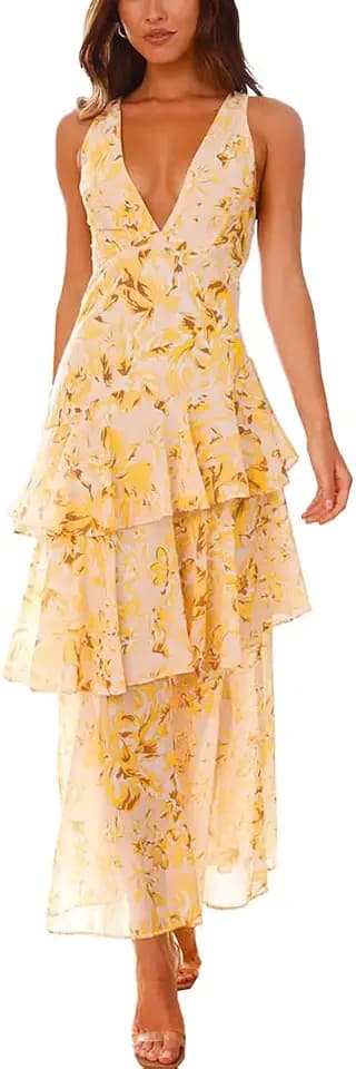 Women's Floral Maxi Dress Sexy Deep V Neck Backless Ruffles Dresses Beach Party Wedding Guest Dress