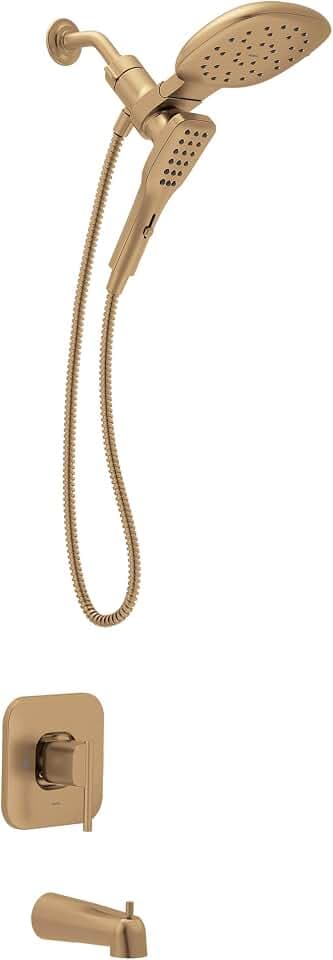 Moen Inara Bronzed Gold Handshower and Rainfall Shower Head with Lever Handle, Tub Spout, and Metal Hose, 84041BZG