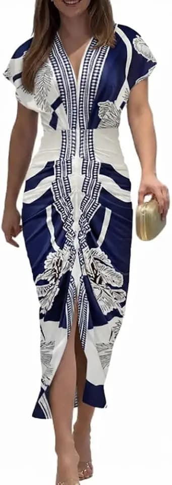 CHICME Dresses for Women Floral Plunge V Neck Ruched Midi Dress