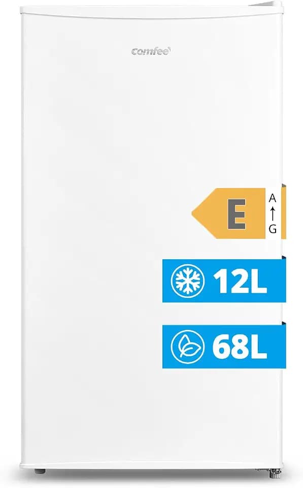 COMFEE' RCD115WH2 Kleiner Kühlschrank mit Gefrierfach 80 Liter, Kühlschrank mit einer Tür, geräuscharm 39 dB, umkehrbare Tür, Inverter-Kompressor, LED-Licht, geeignet für Haus, Büro, Zimmer, weiß