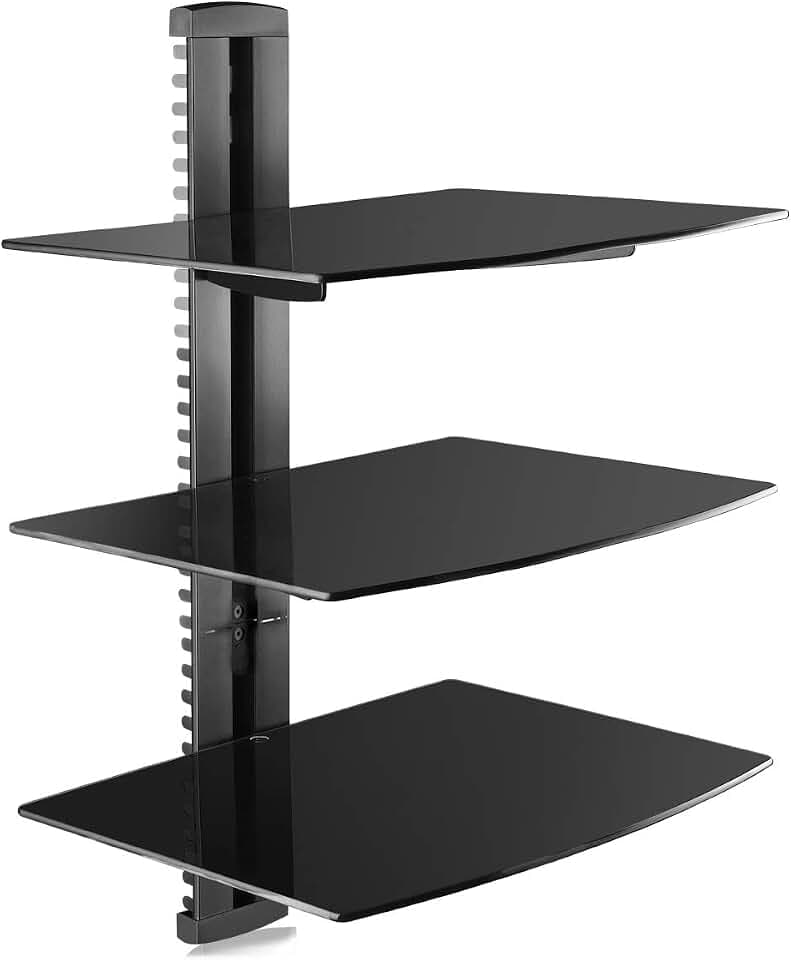 suptek CS303 Wandregal mit 3 schwebenden Ablagen und Regalböden aus verstärktem gehärtetem Glas für DVD-Player, Boxen, Spielekonsolen, TV-Zubehör, Schwarz 1+2 Regale CS303